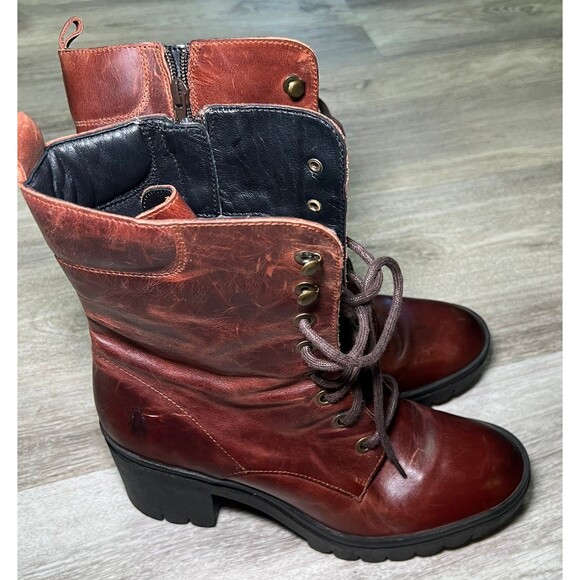 Fly London Burgundy Leather‎ Combat Boots Chunky Platform Heel Lace-Up Military - Picture 3 of 9